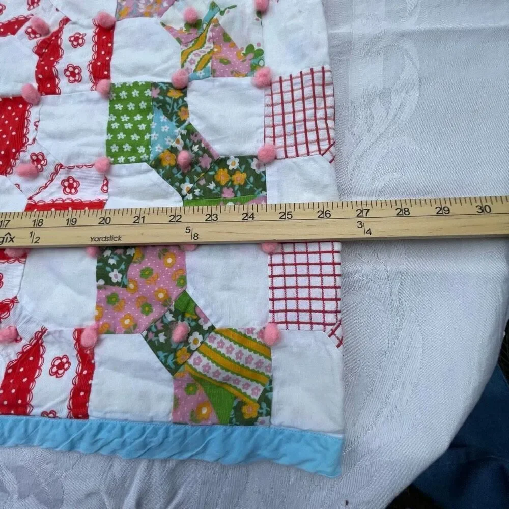 Vintage patchwork with Pom Pom baby blanket 35”X 52”